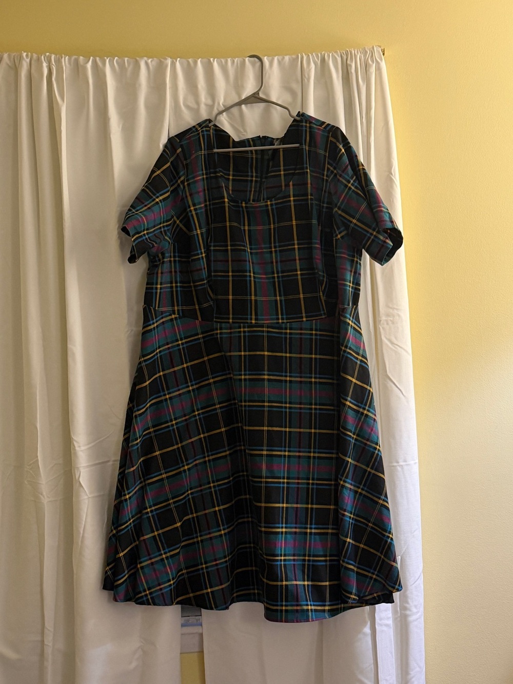 Modcloth Navy Plaid A-Line Dress with Green & Yellow Stripes